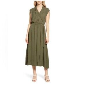 Halogen Olive Green Faux Wrap Midi Dress XXL Sleeveless Elastic Waist Viscose